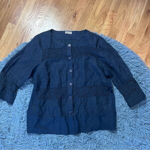 Linen Gallery Navy Button Up Linen Mixed Media Crochet Blouse Size XL